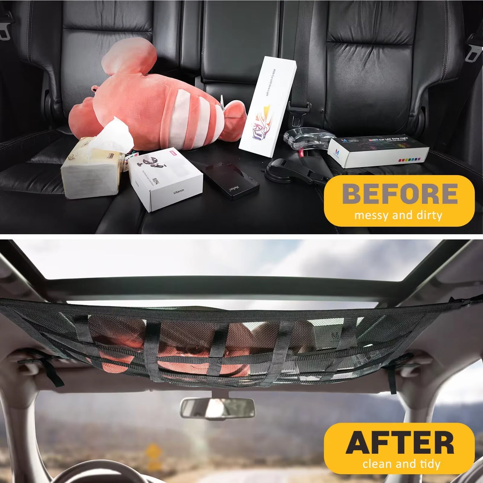 Car Roof Top Ceiling Cargo Net Pocket Mesh Organizer Bag Universal 90X65Cm anti Sagging Luggage for SUV Van Camping Cab