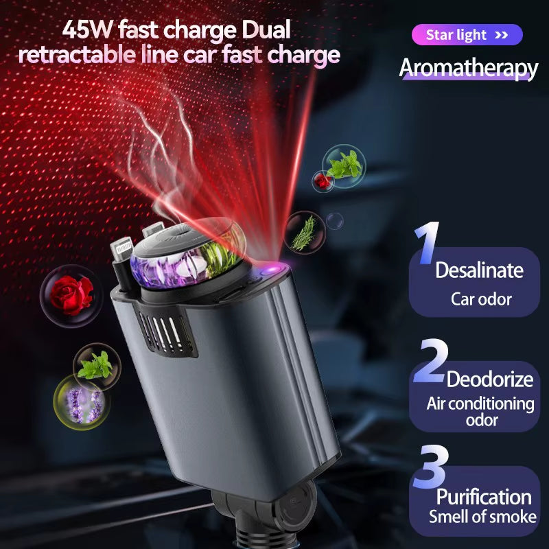 5-In-1 Car Aromatherapy Essential Oil Diffuser Starry Light 45W Retractable Phone Charger with IOS Type C PD30W Cable for Iphone