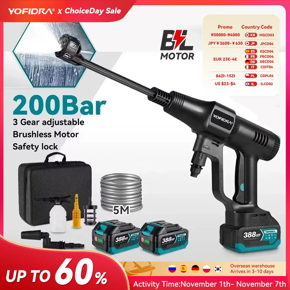 200Bar Brushless High Pressure Car Washer Gun 6 in 1 Electric Garden Washing Water Spray Gun for Makita 18V Battery Pin