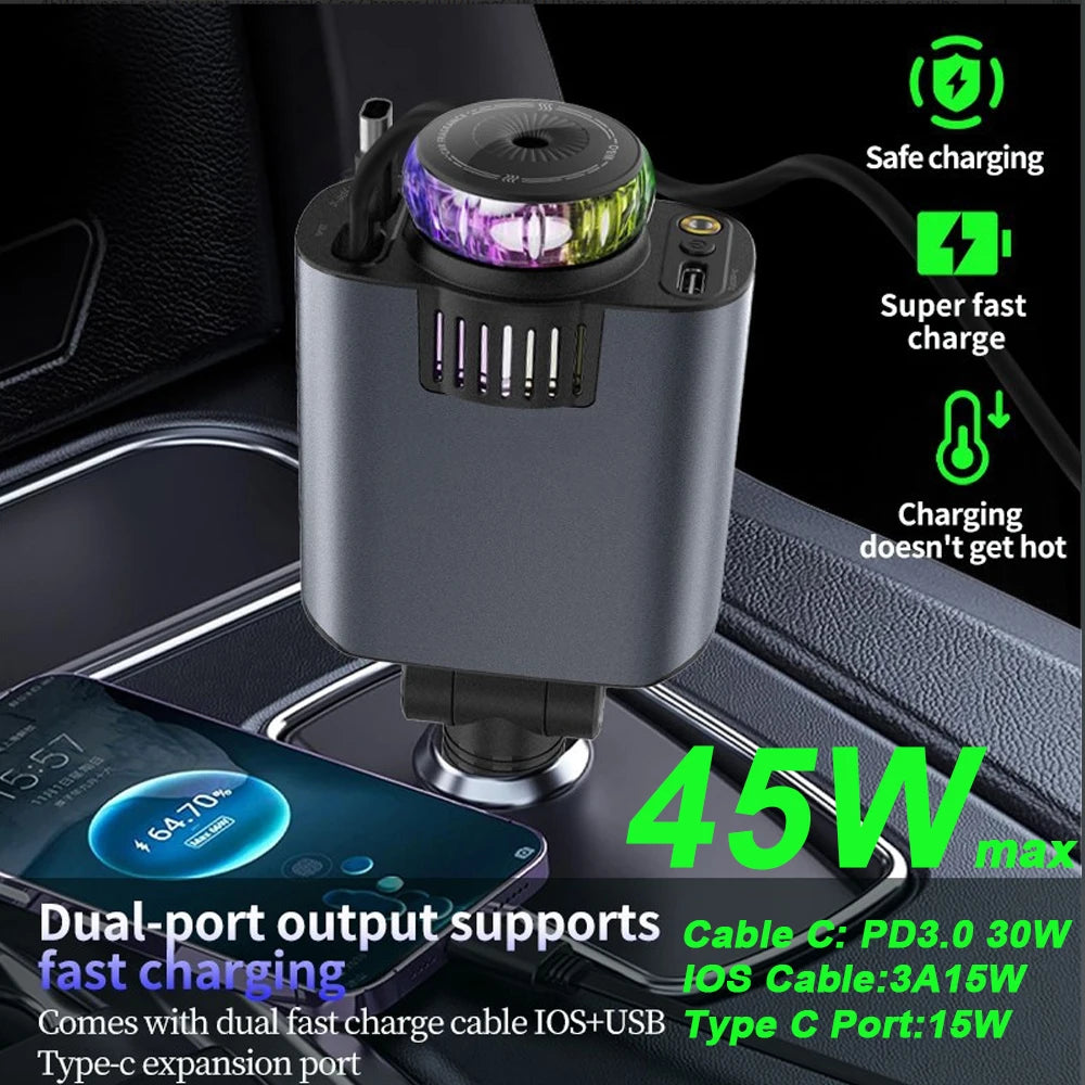 5-In-1 Car Aromatherapy Essential Oil Diffuser Starry Light 45W Retractable Phone Charger with IOS Type C PD30W Cable for Iphone