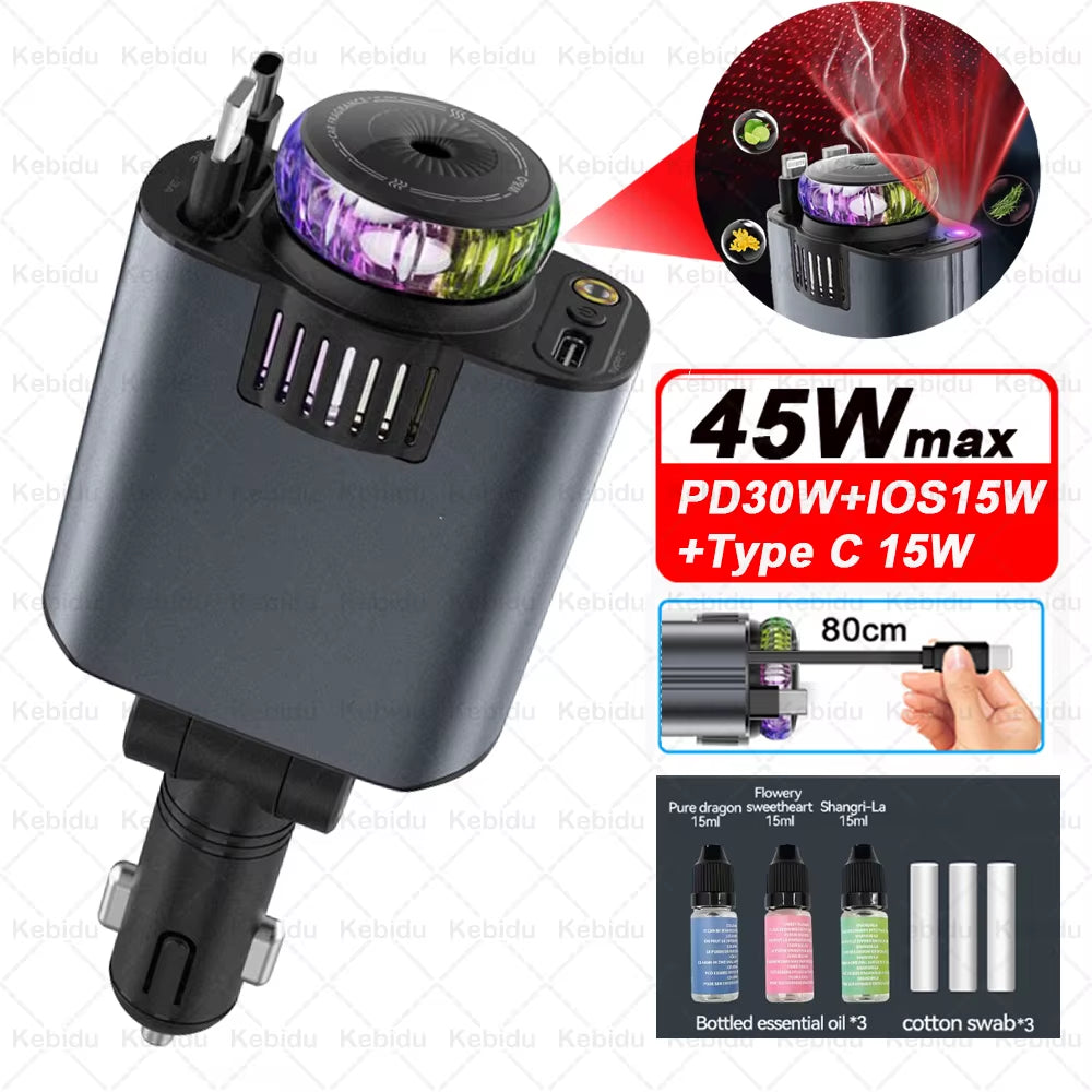 5-In-1 Car Aromatherapy Essential Oil Diffuser Starry Light 45W Retractable Phone Charger with IOS Type C PD30W Cable for Iphone