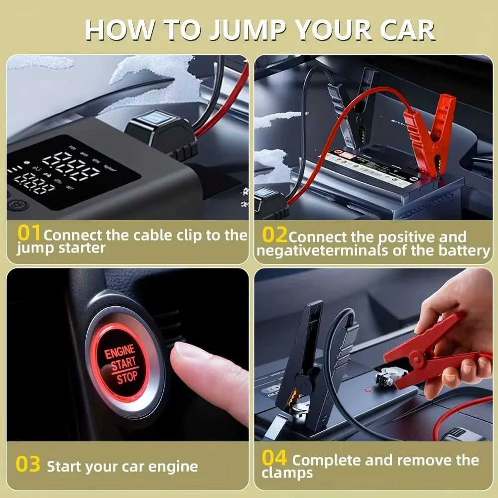 4 IN1 Car Jump Starter with Tire Inflator, 3000A Jump Starter Power Bank with 150PSI Air Pump Auto Air Compressor, LED Light