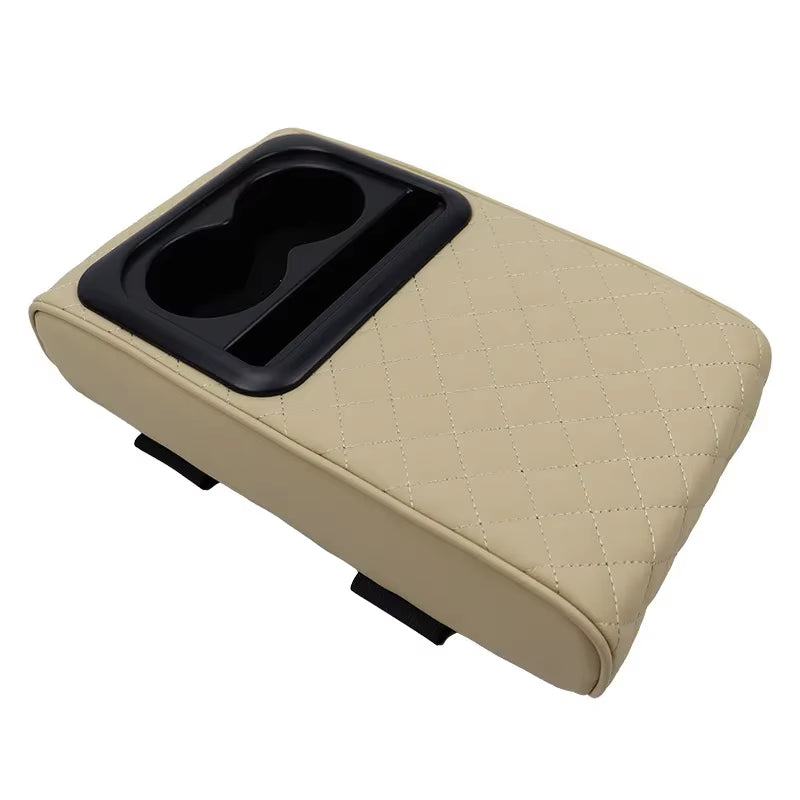 Auto Center Console Armrest Cushion with 2 Cup Holder PU Leather Armrest Pad Portable Car Amrest Pillow Cover Height Pad