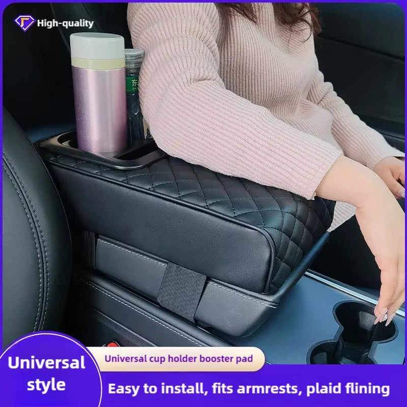 Auto Center Console Armrest Cushion with 2 Cup Holder PU Leather Armrest Pad Portable Car Amrest Pillow Cover Height Pad