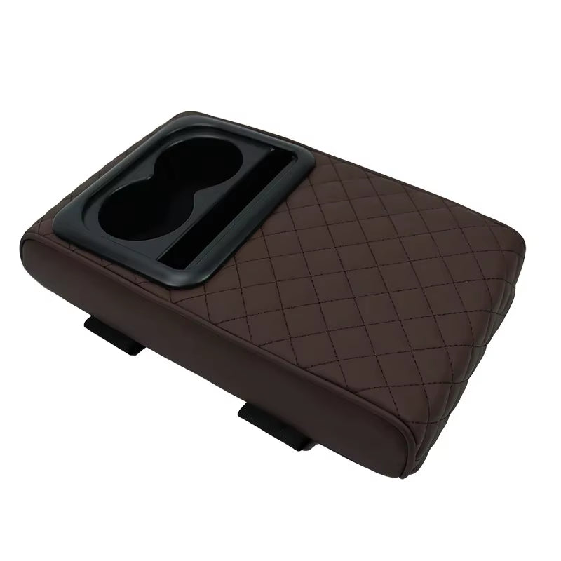 Auto Center Console Armrest Cushion with 2 Cup Holder PU Leather Armrest Pad Portable Car Amrest Pillow Cover Height Pad