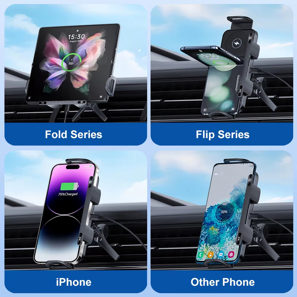 Car Wireless Charger Dual Coil Fold Screen Car Fast Charging Stand for  Galaxy Z Fold 6 Flip 3 Air Vent Car Phone Holder