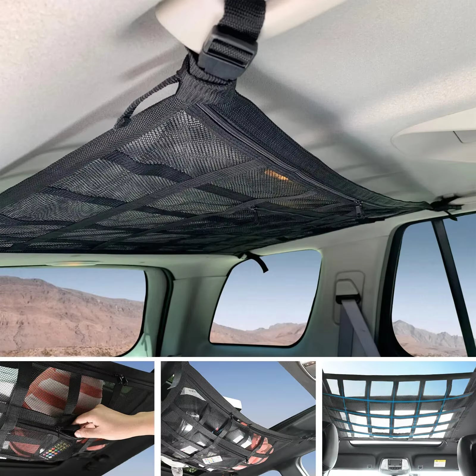 Car Roof Top Ceiling Cargo Net Pocket Mesh Organizer Bag Universal 90X65Cm anti Sagging Luggage for SUV Van Camping Cab
