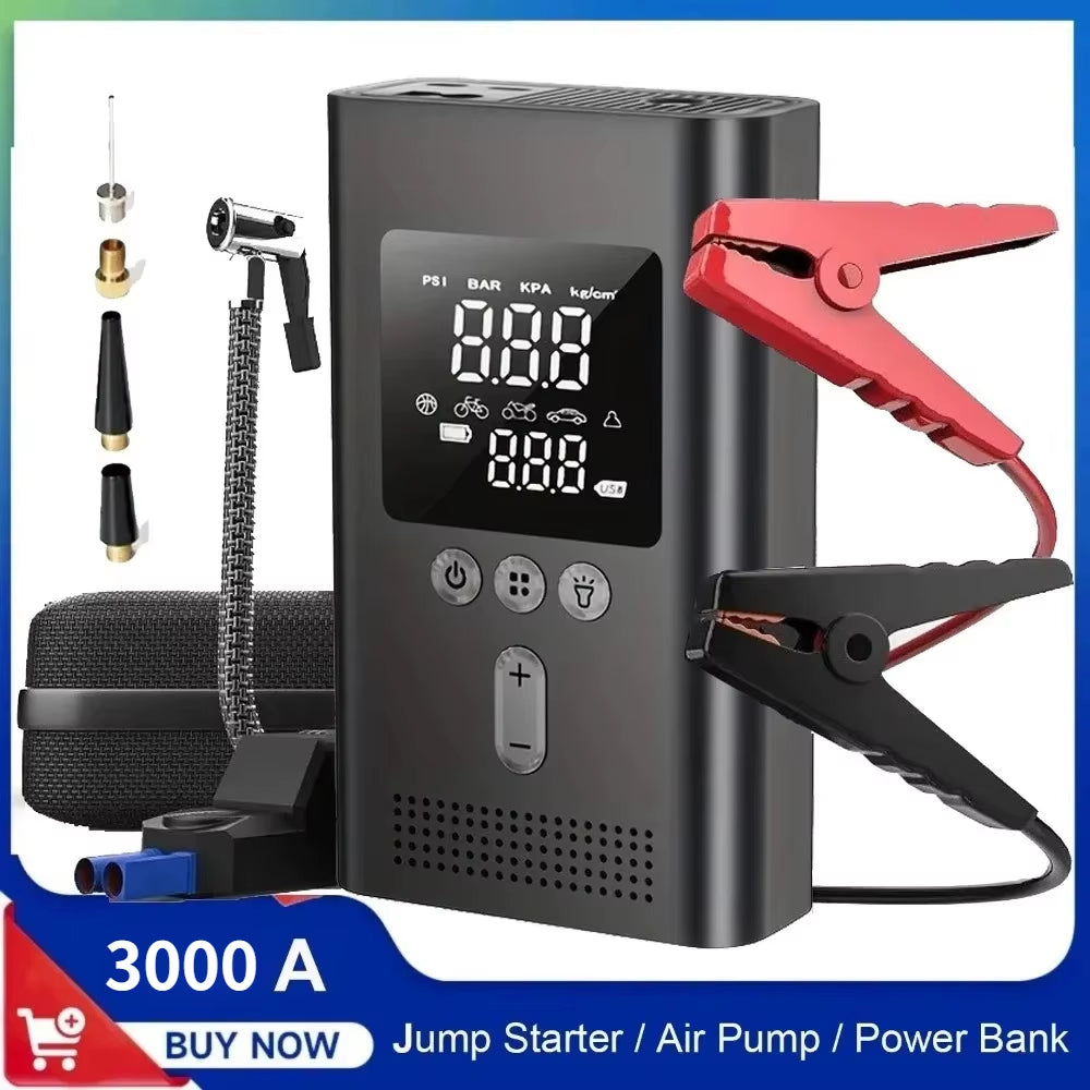 4 IN1 Car Jump Starter with Tire Inflator, 3000A Jump Starter Power Bank with 150PSI Air Pump Auto Air Compressor, LED Light