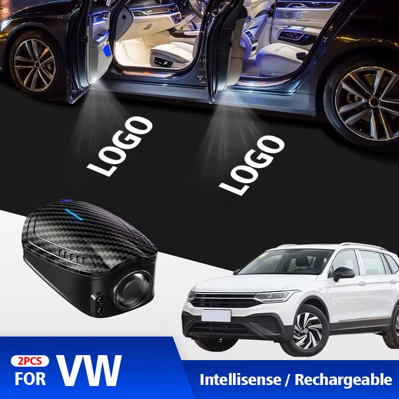 For Volkswagen VW CC Beetle GOLF 2Pcs USB Rechargeable GT Line Logo Car Door HD LED Lamps Projector Courtesy Welcome Lights
