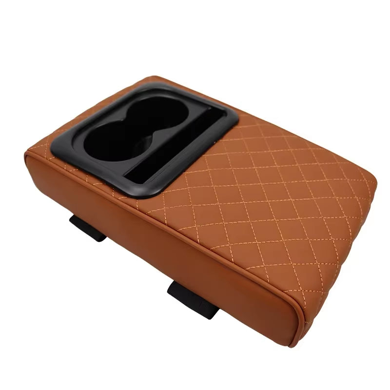 Auto Center Console Armrest Cushion with 2 Cup Holder PU Leather Armrest Pad Portable Car Amrest Pillow Cover Height Pad
